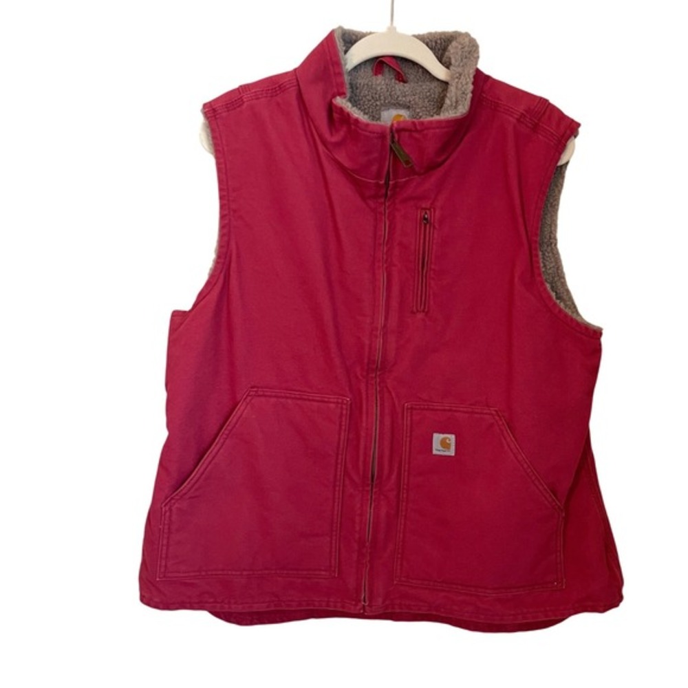 Carhartt Vintage Womens XL Pink Red Sherpa‎ Lined Duck Canvas Vest Full Zip